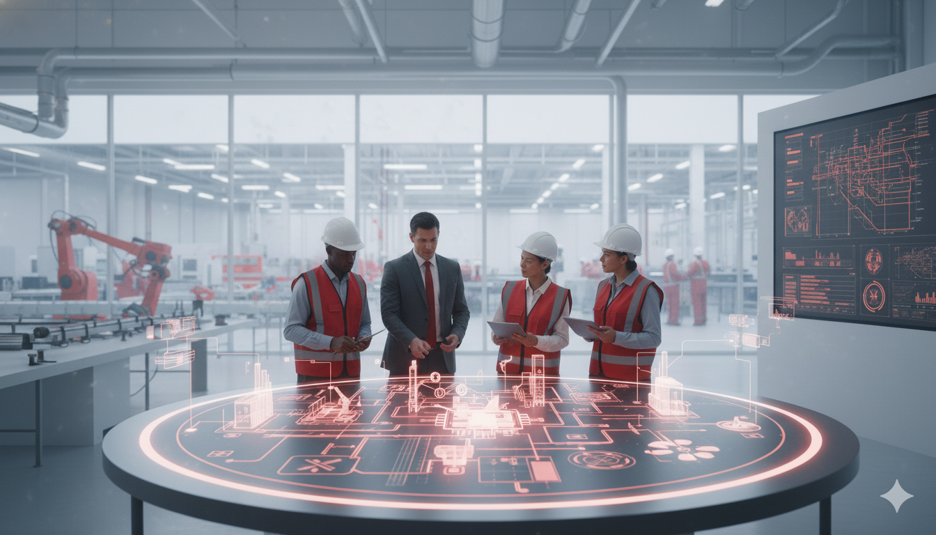 Ein Projektteam aus Ingenieurinnen, Ingenieuren und einem Manager steht in einer modernen Industriehalle um einen digitalen Planungstisch mit leuchtenden technischen Diagrammen und bespricht Projektabläufe.